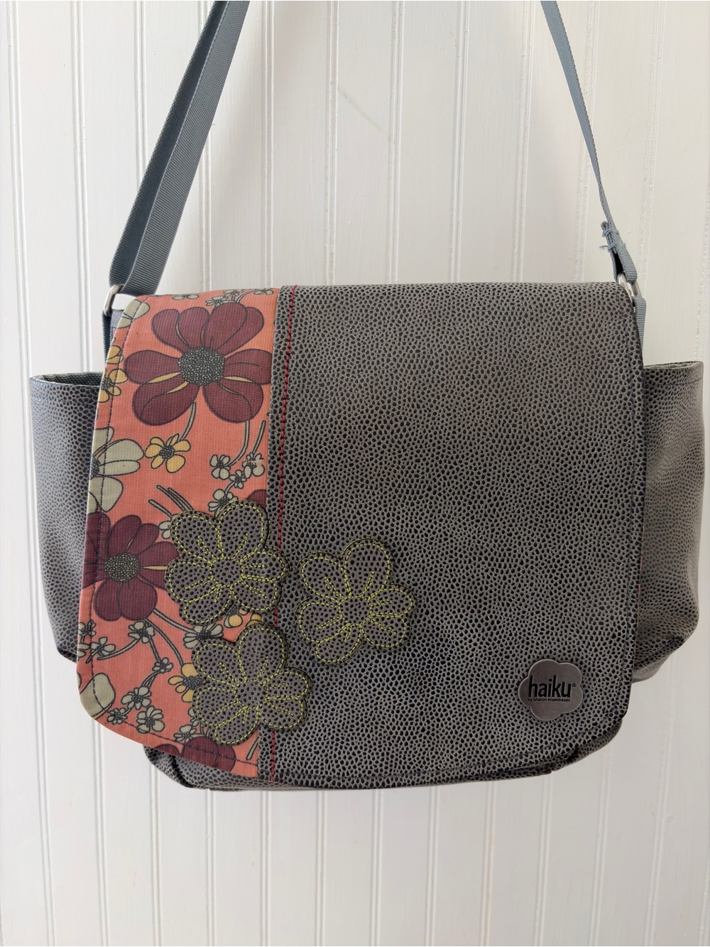 Haiku Gray Crossbody Coral Floral Vintage Y2K Vegan Messenger Bag Eco Friendly